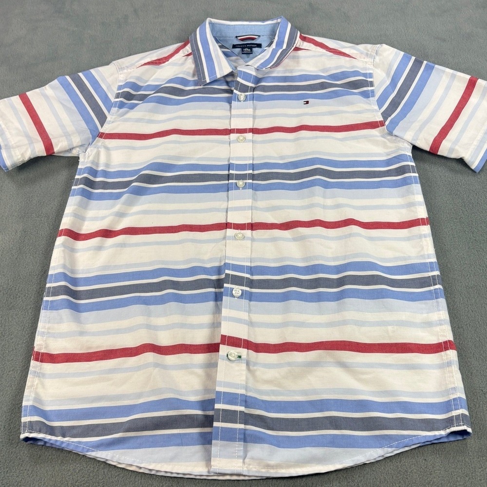 Tommy‎ Hilfiger Boys XL 18/20 Blue Red Striped Short Sleeve Button Down Shirt